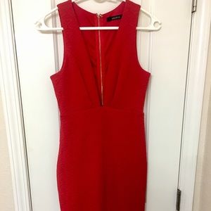 Never worn red low cut top, slit tee length dress